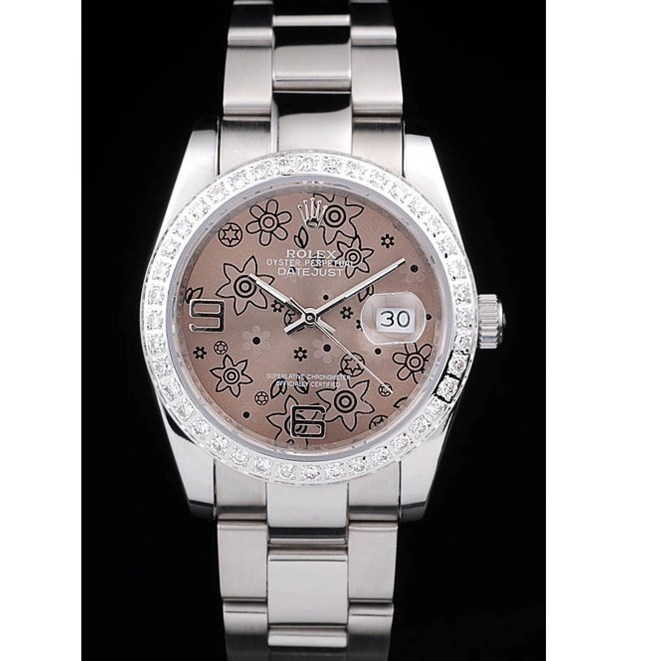 Aaa replica watch Brown Flowers Plated Datejust Dial Diamond Steel Rolex Stainless Polished 0606